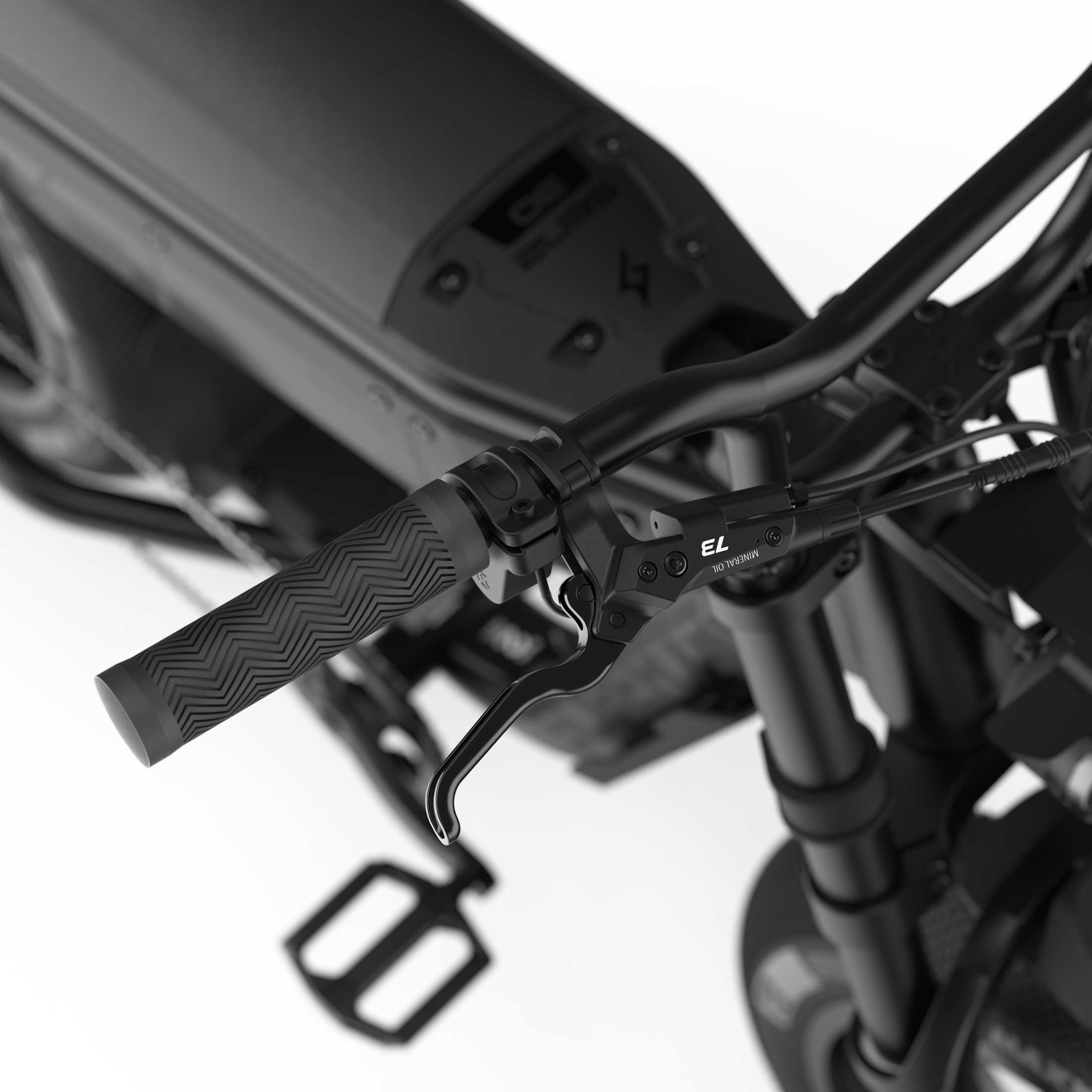 Close up of the handlebars and braking system on the SUPER73-M1D SE ebike in Blackout.