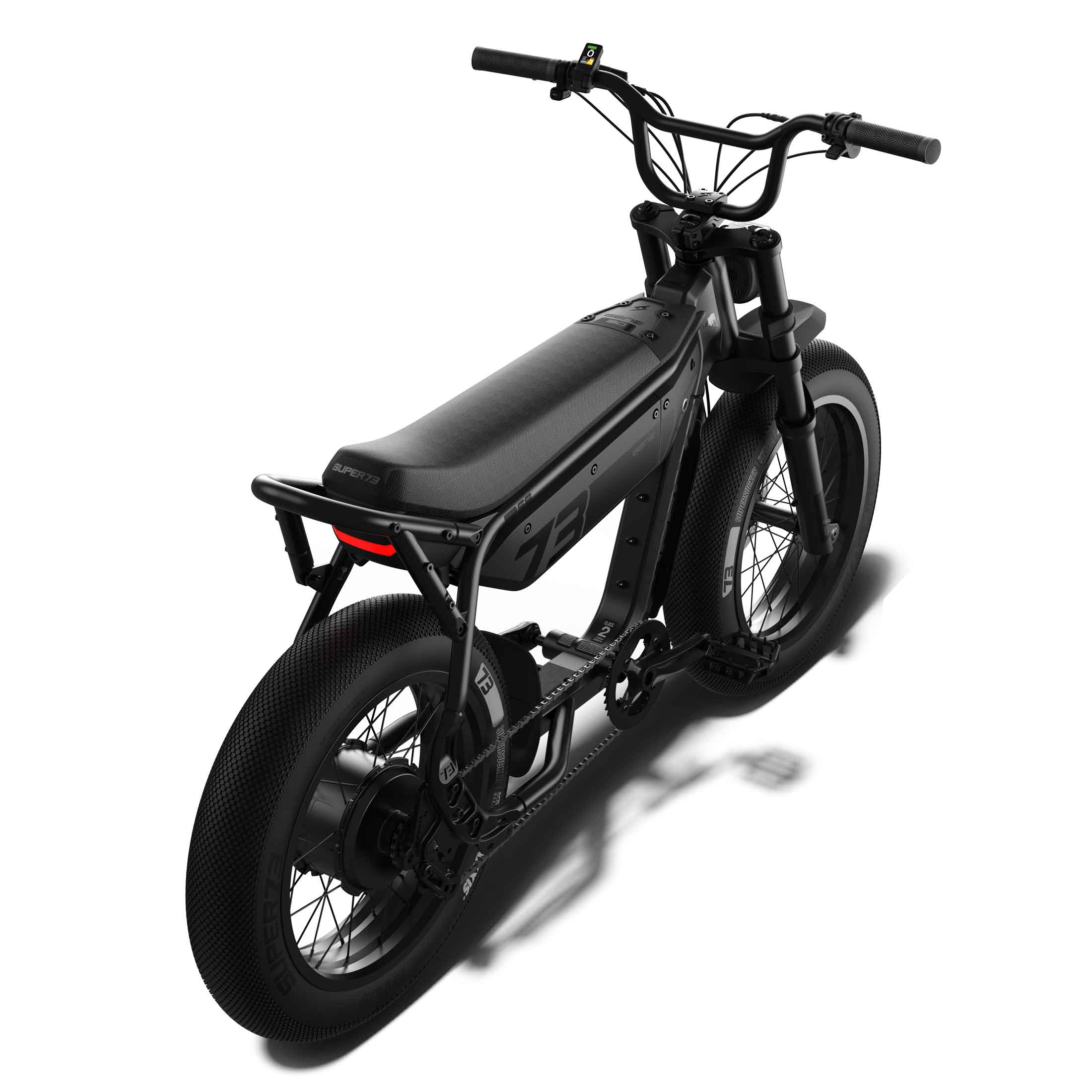 Overhead rear view of the SUPER73-M1D SE ebike in Blackout.