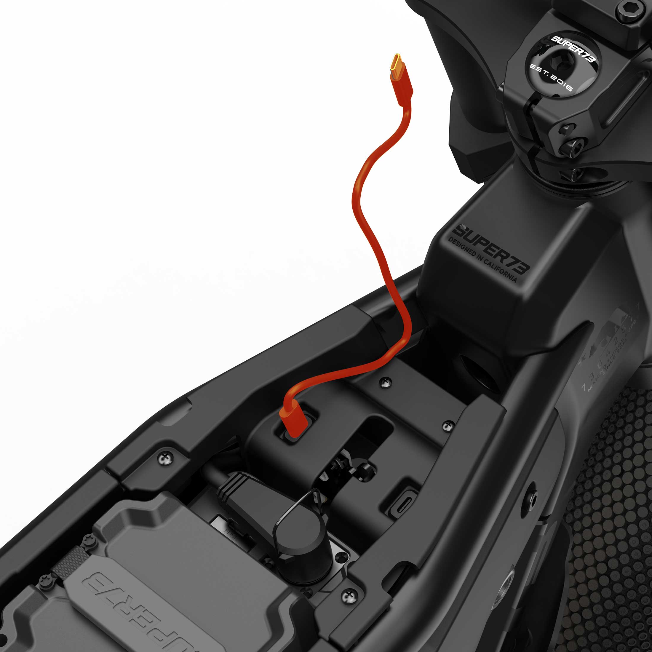 Close up of the USB-C charging port on the SUPER73-M1D SE ebike in Blackout.