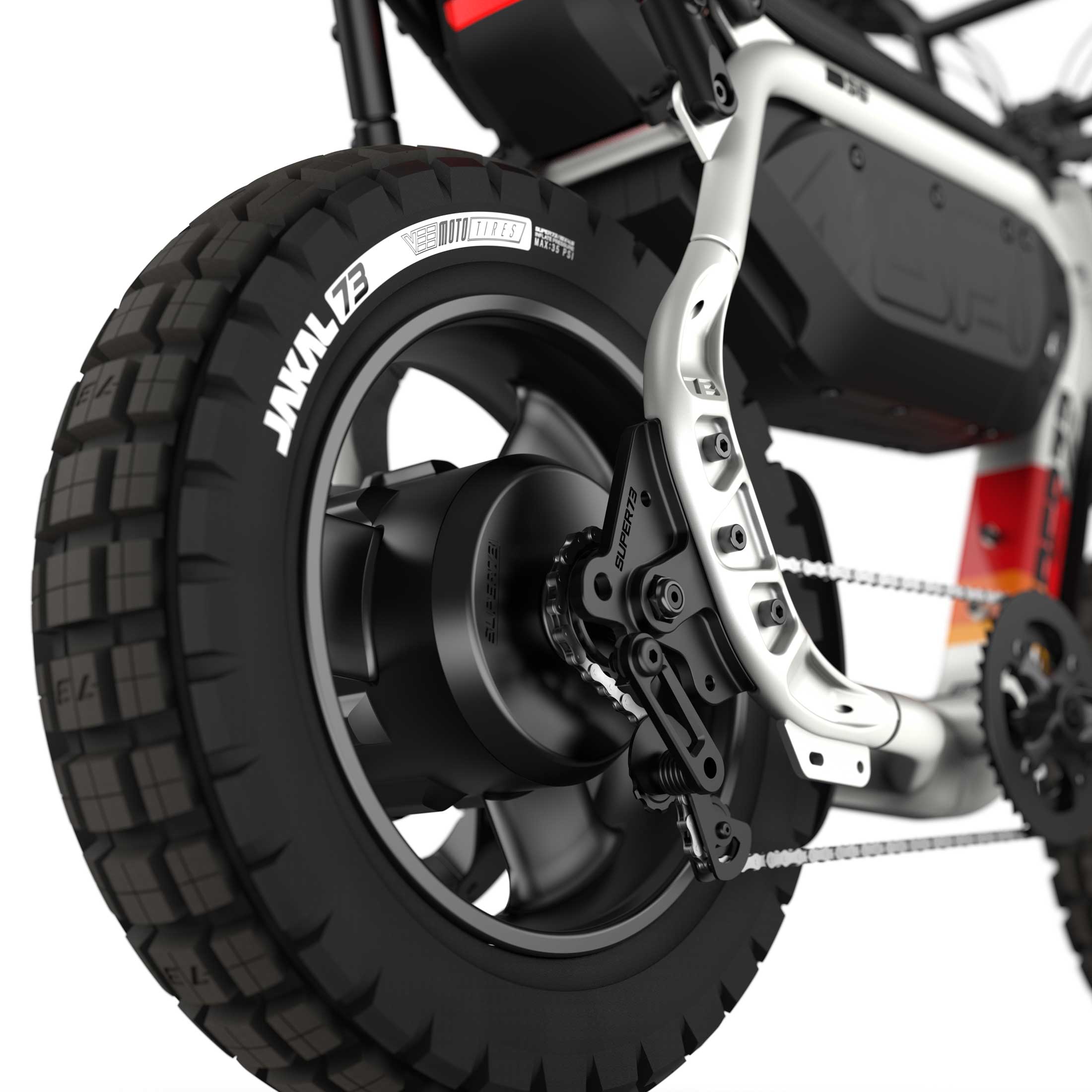 Close up image of the rear JAKAL tire on the SUPER73-MZFT SE ebike in Baja.