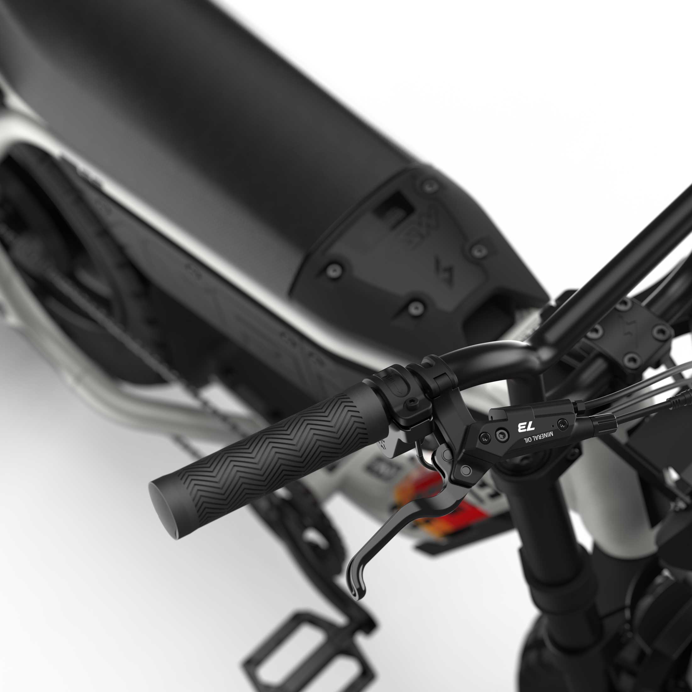 Close up of the handlebars and braking system on the SUPER73-MZFT SE ebike in Baja.