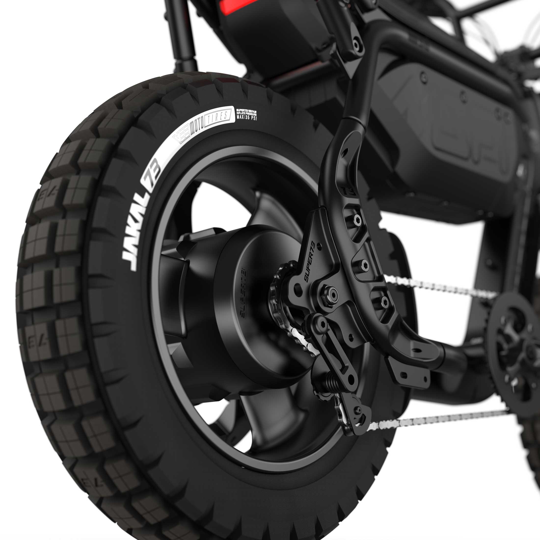 Close up image of the rear JAKAL tire on the SUPER73-MZFT SE ebike in Blackout.