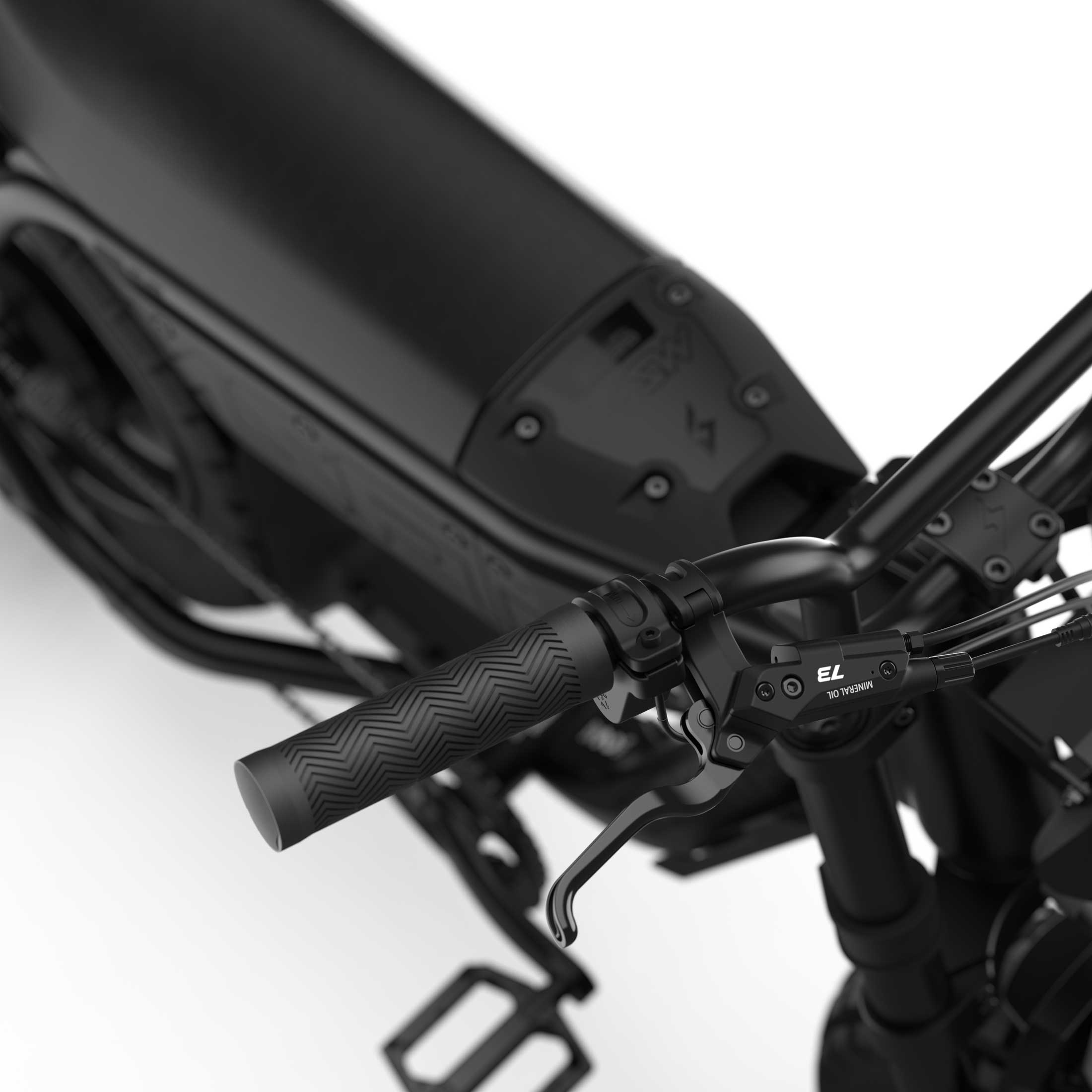 Close up of the handlebars and braking system on the SUPER73-MZFT SE ebike in  Blackout.