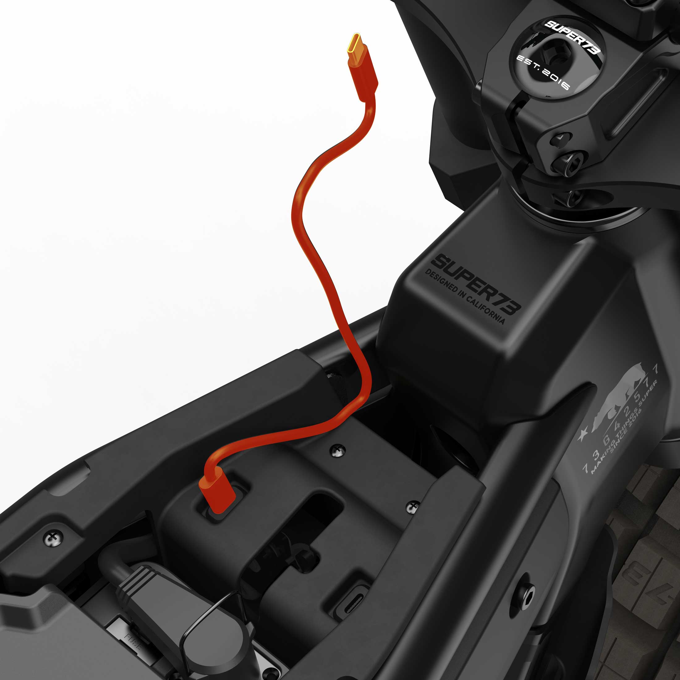 Close up of the USB-C charging port on the SUPER73-MZFT SE ebike in Blackout.